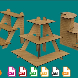 Puede incluir: Tres diseños diferentes de estantes de madera para exhibir productos. Los estantes están hechos de madera y tienen un acabado natural. Los estantes son todos de diferentes formas y tamaños. Este es un artículo digital.