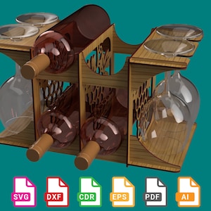 May include: Wooden wine rack with a honeycomb design, holding two wine bottles and four wine glasses. The rack is made of light brown wood and has a natural finish.