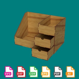 May include: A wooden desktop organizer with three drawers and a slanted compartment. The organizer is made of light brown wood and has a natural wood finish.