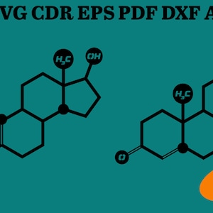 May include: A digital illustration of two chemical structures, each with a six-sided ring connected to a five-sided ring. The structures are black on a teal background. The text "SVG CDR EPS PDF DXF AI" is at the top of the image. The text "This is a digital item" is at the bottom of the image.