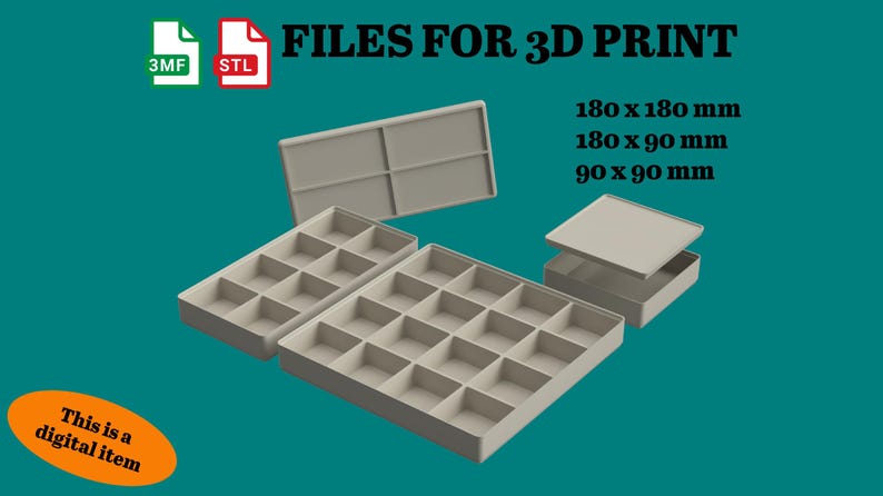 以下が含まれることがあります： さまざまなトレイデザインのデジタル3Dプリントファイル。画像には、18 x 18 cm、18 x 9 cm、9 x 9 cmなど、さまざまなコンパートメントレイアウトとサイズのベージュ色のトレイがいくつか表示されています。「FILES FOR 3D PRINT」というテキストが表示されています。