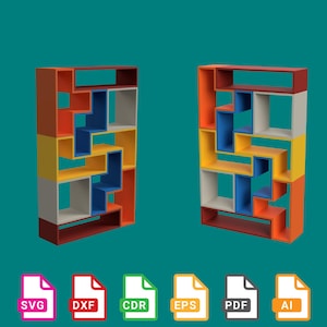 Puede incluir: Dos estanterías geométricas y coloridas con compartimentos abiertos en tonos rojos, naranjas, amarillos, azules y blancos. El texto "This is a digital item" está en un óvalo naranja. Debajo hay iconos de tipo de archivo.