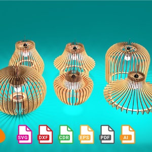 Wood Pendant Lighting Lamp Chandelier Lampshade Laser Cut Ceiling Mount - svg+dxf+cdr+eps+pdf+ai