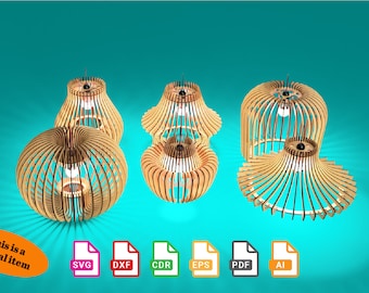 Wood Pendant Lighting Lamp Chandelier Lampshade Laser Cut Ceiling Mount - svg+dxf+cdr+eps+pdf+ai