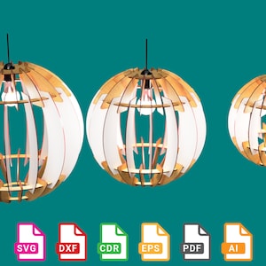 May include: Three wooden pendant lights in different sizes. The lights are made of thin strips of wood that form a sphere shape. The lights are white and have a natural wood finish. This is a digital item.