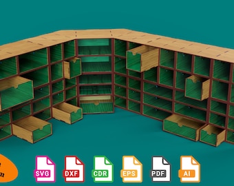 May include: A wooden corner shelf with 24 drawers, some open, revealing green interiors. The shelf is made of light brown wood with dark brown trim. This is a digital item available in SVG, DXF, CDR, EPS, PDF, and AI formats.