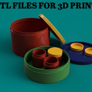 Puede incluir: Imagen renderizada digitalmente con contenedores y tapas impresos en 3D en rojo, amarillo, verde y azul. El texto "STL FILES FOR 3D PRINT" está en la parte superior, y un óvalo naranja con el texto "This is a digital item" está en la parte inferior.