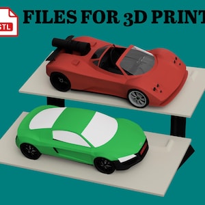 May include: A digital item featuring two 3D-printed toy cars, one red and one green, displayed on separate shelves. The image includes the text "FILES FOR 3D PRINT" and "This is a digital item."