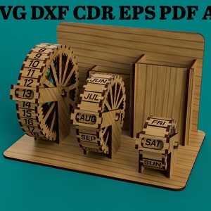Portapenne con calendario, calendario eterno, calendario a rulli, decorazione da tavolo con calendario, file di calendario tagliato al laser - svg+dxf+cdr+eps+pdf+ai