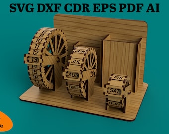 Pen Holder With Calendar, Eternal Calendar, Reels Calendar, Calendar Table Decor, Calendar Laser Cut File- svg+dxf+cdr+eps+pdf+ai
