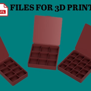 May include: Three open, burgundy 3D-printed boxes with hinged lids, each divided into compartments. The boxes are displayed against a teal background. Text at the top reads "FILES FOR 3D PRINT". An orange oval states "This is a digital item".