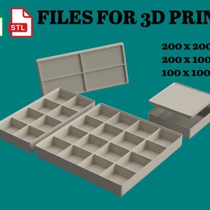 Può includere: Una collezione di vassoi e coperchi portaoggetti beige stampati in 3D, con vari layout dei compartimenti. L'immagine include il testo "FILES FOR 3D PRINT" e dimensioni di 200 x 200 mm, 200 x 100 mm e 100 x 100 mm. È presente anche il testo "This is a digital item".