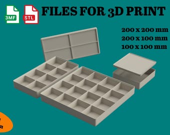 May include: Beige 3D-printed storage trays and lids are displayed, showcasing different compartment designs. The image includes the text "FILES FOR 3D PRINT" and dimensions of 200 x 200 mm, 200 x 100 mm, and 100 x 100 mm. The text "This is a digital item" is also present.