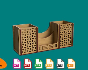 Puede incluir: Un organizador de escritorio de madera con dos portalápices y un tarjetero. El organizador tiene un acabado marrón claro con un patrón decorativo en los laterales. El texto "This is a digital item" es visible.