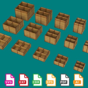 Scatola organizer con 4 scomparti separati, set di 15 scatole organizer, scatole portaoggetti, file per CNC - svg+dxf+cdr+eps+pdf+ai