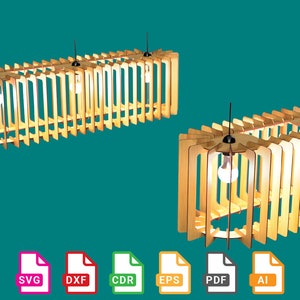 May include: Two wooden pendant lights with a geometric design. The lights are made of thin strips of wood that are arranged in a grid pattern. The lights are hanging from black cords and have light bulbs inside. The image also includes text that says "This is a digital item" and icons for SVG, DXF, CDR, EPS, PDF, and AI files.
