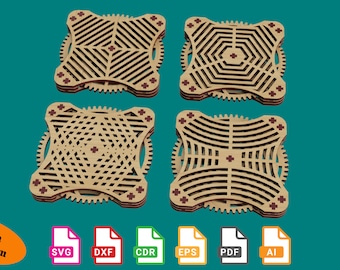 Könnte beinhalten: Vier lasergeschnittene Untersetzer aus Holz mit komplizierten geometrischen Mustern. Jeder Untersetzer zeigt ein anderes Muster in Braun- und Rottönen.
