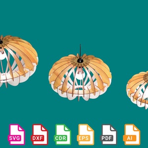 May include: Three wooden pendant lights in different sizes, with a white background. The lights are made of thin strips of wood that are arranged in a circular pattern. The lights are hanging from a black wire. The image includes the text "This is a digital item" and icons for SVG, DXF, CDR, EPS, PDF, and AI file formats.