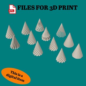 May include: A selection of off-white, cone-shaped 3D print files with diverse geometric patterns. The image features the text "FILES FOR 3D PRINT" and "This is a digital item". The cones display designs like spirals, lattice, and layered textures, presented on a teal backdrop.