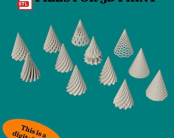 May include: A collection of off-white, cone-shaped 3D print files with various geometric designs. The image includes the text "FILES FOR 3D PRINT" and "This is a digital item". The cones have different patterns, including spirals, lattice, and layered textures, set against a teal background.