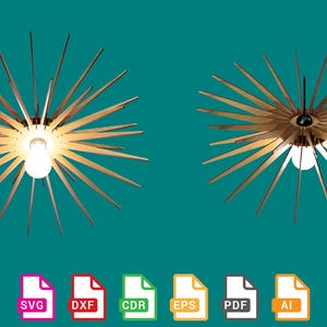 Puede incluir: Dos lámparas de techo de madera con un diseño de estrella. Las luces están encendidas y las bombillas brillan. El fondo es de color verde azulado sólido.