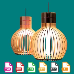 May include: Two wooden pendant lights with a slatted design. The lights are hanging from the ceiling and are illuminated. The image includes the text "This is a digital item" and file formats: SVG, DXF, CDR, EPS, PDF, AI.