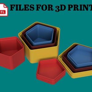 Può includere: Un set di contenitori ad incastro a forma di pentagono, rossi, gialli e blu. L'immagine include il testo "FILES FOR 3D PRINT" e "This is a digital item."