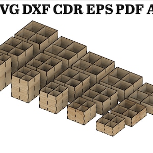 Boîte de rangement (15 tailles) avec 4 compartiments séparés - Fichiers découpés au laser - svg+dxf+cdr+eps+pdf+ai