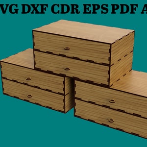 Puede incluir: Cuatro cajas de cajones de madera apiladas sobre un fondo verde azulado. Cada caja tiene dos cajones con pequeños tiradores circulares. Las cajas son de color marrón claro con bordes marrones más oscuros. El texto en la parte superior dice "SVG DXF CDR EPS PDF AI" y un óvalo naranja dice "This is a digital item".