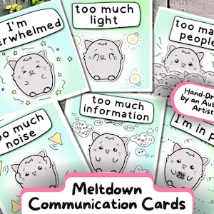 Cartes de communication sur l'autisme sur le thème du chat pour les crises/coupures, outil neurodivergent pour surcharge sensorielle, imprimables non verbales enfants/adultes