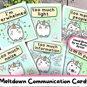 Cartes de communication imprimables Meltdown, téléchargement numérique kawaii sur la neurodiversité, outil visuel pour l'autisme non parlant, jolie licorne-Design AAC PDF