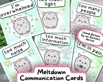 Cat-Themed Autism Communication Cards for Meltdowns/ Shutdowns, Sensory Overload Neurodivergent Tool, Children/ Adult NonVerbal Printable