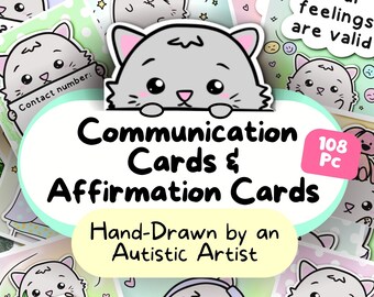 Cat Communication Cards and Affirmations, Autism ADHD Hidden Disability Card, Non Verbal Autistic Children/ Adult AAC, Sensory Overload Kit