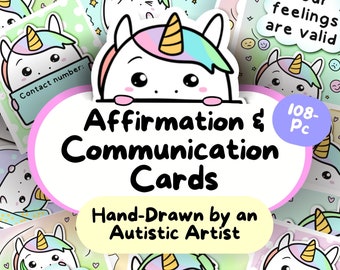 108-Pc Unicorn Communication Cards and Affirmation Cards, Teen Autism Alert Card, Kids Selective Mutism Tool, Adult Autistic Non Verbal Card