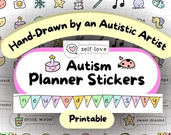 May include: Printable planner stickers featuring hand-drawn illustrations of a birthday cake, a ladybug, a heart with the text "self-love", and a banner with the text "neurodiversity". The stickers are designed for people with autism and include other illustrations such as a cup of coffee, a slice of toast, and a star.
