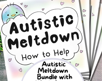 May include: A stack of colorful printable worksheets with a cartoon bird and the text "Autistic Meltdown How to Help" and "Autistic Meltdown Bundle with Worksheets".