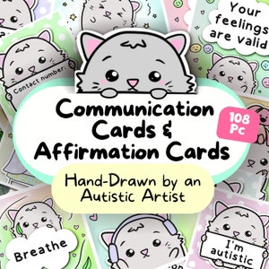 Kat communicatiekaarten en affirmaties, autisme ADHD verborgen handicapkaart, non-verbale autistische kinderen/volwassenen AAC, sensorische overbelastingskit