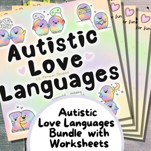 Peut inclure: Un ensemble de feuilles de travail colorées avec le titre "Langages d'amour autistiques" et des illustrations de pingouins. Les feuilles de travail sont conçues pour aider les gens à comprendre et à exprimer leurs langages d'amour.