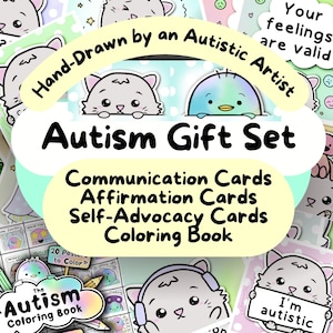 Autisme-cadeauset, communicatiekaarten katten, Kitty Autistic Affirmations, Neurodivergent Self-Advocacy Afdrukbaar, Autisme-kleurboek pinguïn
