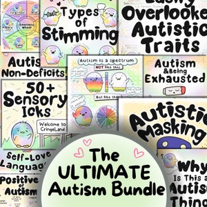Könnte beinhalten: Eine Sammlung illustrierter Lehrmaterialien zum Thema Autismus, mit bunten Pinguin-Charakteren und Texten wie "Arten des Stimming", "Autistische Merkmale" und "Das ultimative Autismus-Paket". Die Bilder sind im Cartoon-Stil gestaltet.