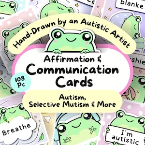 Kikker autistische communicatiekaarten en affirmaties, afdrukbare non-verbale autisme volwassen OC, selectief mutisme, angst, ADHD, kindertherapietool
