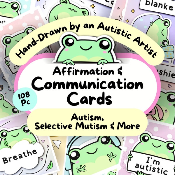 108 Frog Affirmation and Communication Cards, Printable Autism Non Verbal AAC, Anxious Autistic Adult Kit, Neurodivergent Digital Download