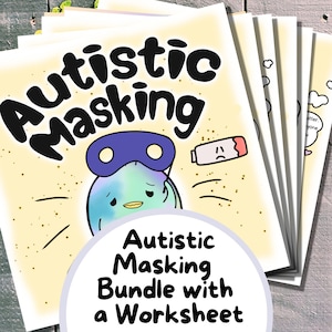 Op de afbeelding: Een gele kaart met de tekst "Autistic Masking" in het zwart. Een cartoonfiguur met een blauw oogmasker draagt een blauw en groen geprint shirt. De tekst "Autistic Masking Bundle with a Worksheet" staat in een witte cirkel.