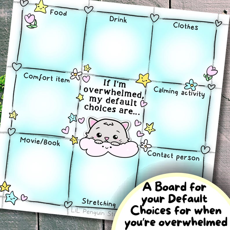 May include: A square, light blue board with nine blank sections labeled 'Food,' 'Drink,' 'Clothes,' 'Comfort item,' 'Calming activity,' 'Movie/Book,' 'Contact person,' and 'Stretching.' A cute cat graphic is in the center. Text reads, 'If I'm overwhelmed, my default choices are...'