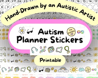 May include: Printable stickers featuring hand-drawn illustrations of a rainbow, a sun, a cloud, a flower, a pair of sunglasses, a music note, a headphone, a Rubik's cube, a ring, a balloon, and the text "Autism Planner Stickers". The stickers are designed to help autistic people with time management and planning.