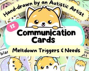 Puede incluir: Un conjunto de 12 tarjetas de comunicación ilustradas con un perro de dibujos animados con diferentes expresiones. Las tarjetas están diseñadas para ayudar a las personas autistas a comunicar sus necesidades y desencadenantes. El texto en las tarjetas dice "Tarjetas de comunicación" y "Desencadenantes y necesidades de crisis".