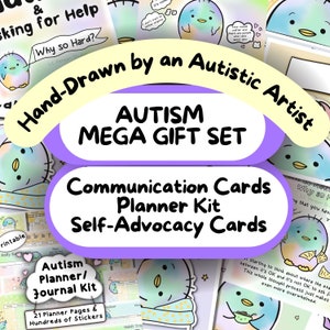 Autismebundel pinguïn, autistisch cadeau, cartoon communicatiekaart, neurodivergente planner, ASS zelfhulpkit, afdrukbare sticker autisme