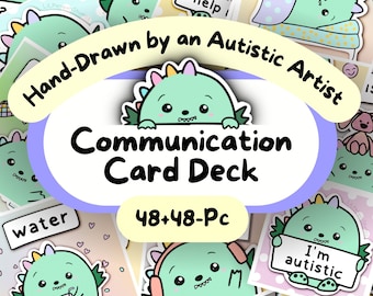 May include: A set of 48+48 communication cards featuring a green cartoon dragon character. The cards are designed to help people communicate their needs and feelings. The cards include phrases like "I'm autistic", "I'm anxious", "water", and "Please help me".