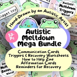 Megabundel autisme kernsmelting, afdrukbare autistische communicatiekaarten, kikkeraffirmaties, therapiewerkbladen, neurodivergent zine, ASS-burnout
