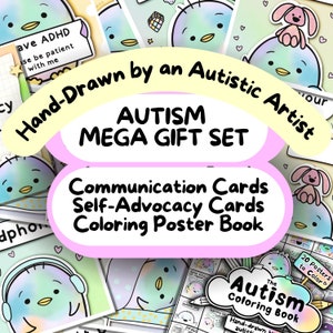 Autisme-cadeauset, zelfhulpbundel, communicatiekaartenset, ASD digitale download, afdrukbaar autistisch kleurboek, kalmerende kit pinguïn